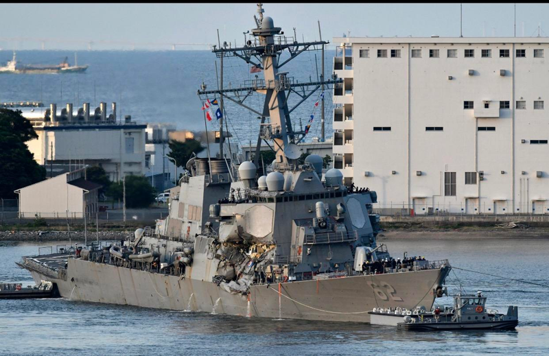 USS Fitzgerald arrives in Yokosuka, Japan after the collision. USN photo.